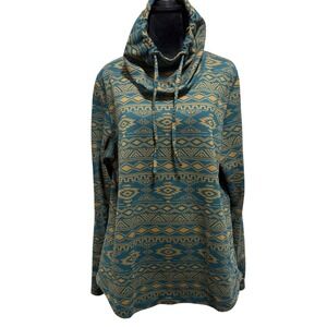 KAVU Womens Skylar Teal Aztec Southwestern Cowl Neck Pullover Top Long Sleeve XL